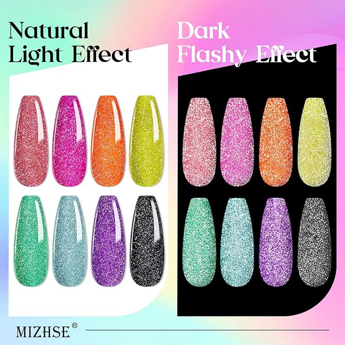 MIZHSE Reflective Glitter Gel Polish Set, Neon Reflective Gel Polish Shimmery Sparkly Diamond Soak Off U V LED Gels Polish Home Manicure Nail Art Salon