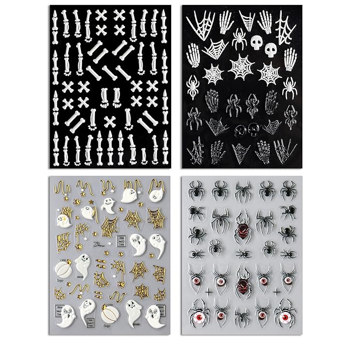 Halloween Nail Art Stickers, Bones Skeleton Nail Decals, 3D Spooky Self-Adhesive Spider-Web Bat Design for DIY Nail Supplies Decoration (4 Sheets)