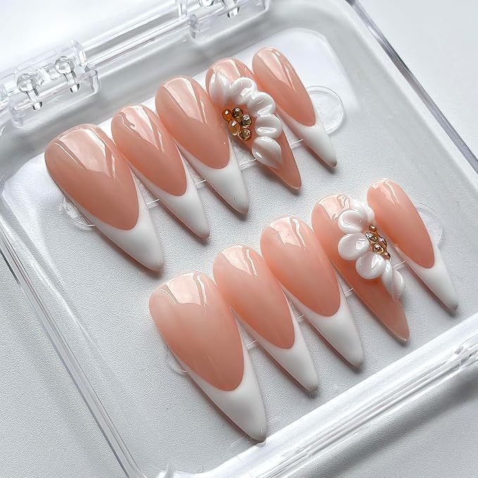 Luxury Press on Nails Long Almond Handmade 3D Unique Reusable ABS Material Fake Nails White French Tip False Nails with Designs Floral Rhinestones Elegant Glossy Glue on Nail Thick Acrylic Nail(M)