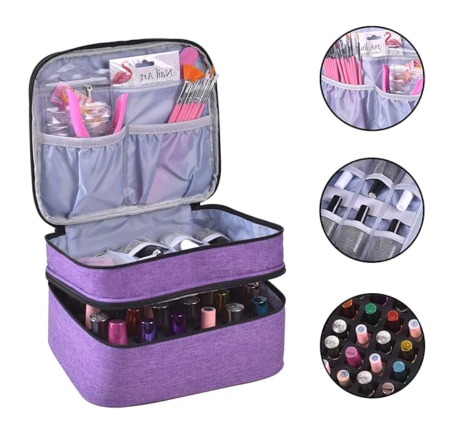 Nail Polish Organizer- Holds 30 Bottles Nail Supply Organizers and Storage Double-layer Nail Bag Organizer Case Nail varnish Organizer Nail Polish Storage Bag with Handle(Purple)