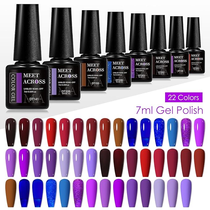 MEET ACROSS 30Pcs Gel Nail Polish Set 22 Colors Gel Polish Kit Nude Burgundy Red Blue Purple Gel Polish for All Seasons Soak Off UV/LED Manicure Gift for Women Girls