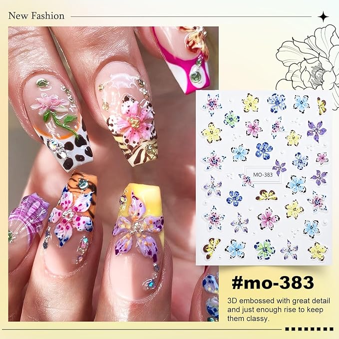 Flower Nail Stickers for Nail Art - 5D Embossed Hibiscus Nail Decals, 3 Sheets Self-Adhesive Pink White Lily Hibiscus Tropical Floral Summer Spring Flower Nail Designs Decor for Women Girls 807-11