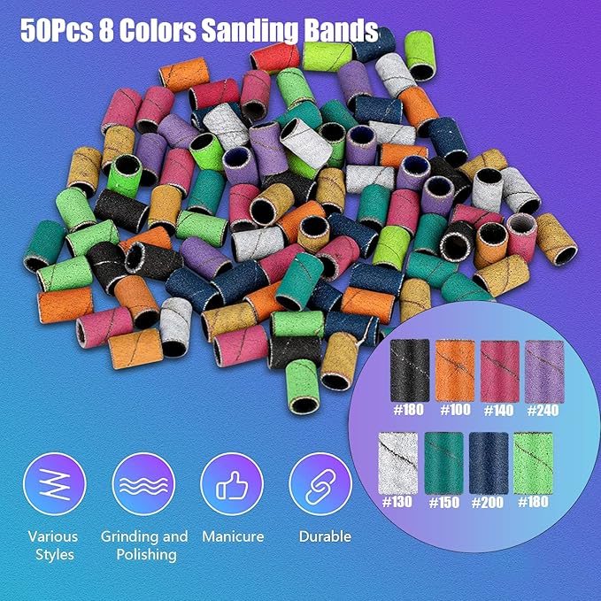 25Pcs Nail Drill Bits Set: 3/32 Tungsten Carbide Ceramic Diamond Cuticle Safety Professional Drill Bits Nail Tech with Pink Holder Case & 50Pcs Sanding Bands for acrylic gel Remover Manicure Pedicure