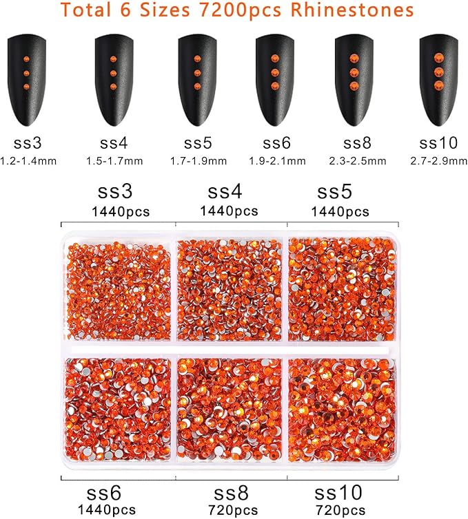 Beadsland 7200pcs Flatback Rhinestones,Orange Rhinestone Nail Gems Round Crystal Rhinestones for Crafts,Mixed 6 Sizes with Wax Pencil Kit, SS3-SS10,Hyacinth/Orange