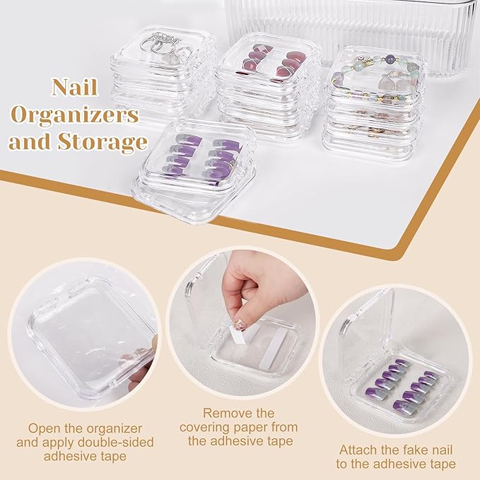 INMORVEN Press On Nail Storage Box 14 PCS Organizer with 1 Large Case & 60 Adhesive Tapes, Clear Acrylic Display Container for Fake Nails Salon Business or Personal Use (14 PCS Single Layer)