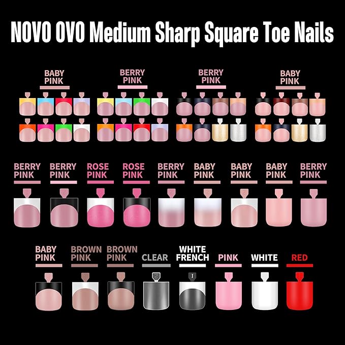 NOVO OVO Berry Pink Square Toe Nail Tips - 240Pcs Soft Gel Press on Toenails, Pure Color Full Cover Fake Nails for Pedicure, PMMA Acrylic False Toe Nails Extension Kit (15 Sizes, Wide Fit)