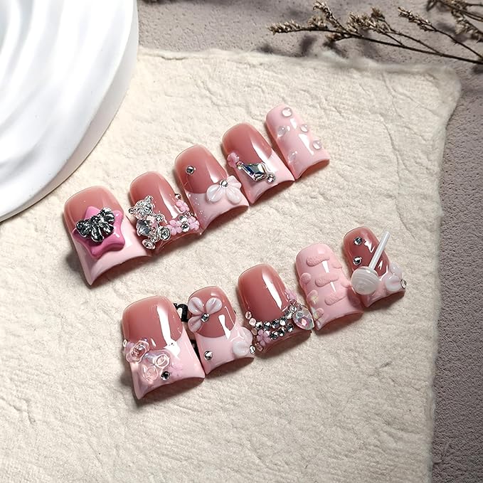10Pcs Handmade Pink Press on Nails Short Duck Fake Nails with 3D Bear Butterfly Flower Rhinestone Design Pink French Tip False Nails Cute Acrylic Nails Press ons Handmade Stick on Nail for Women (S)