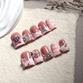 10Pcs Handmade Pink Press on Nails Short Duck Fake Nails with 3D Bear Butterfly Flower Rhinestone Design Pink French Tip False Nails Cute Acrylic Nails Press ons Handmade Stick on Nail for Women (M)