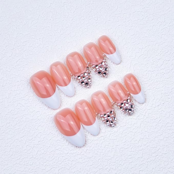 10 Pieces Handmade Press On Nails Medium Almond, White Thickened French False Nails, Pearls And Rhinestone, Reusable Fake Nails Almond, Reusable Acrylic Nails (M)