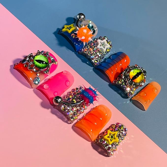 10 Pieces Luxury Acrylic Y2K Press On Nails Short Handmade Duck Nails, Nightmare Eye And Barbell 3D Nail Charms, Orange Thickened False Nails, Reusable Acrylic Nails (L)