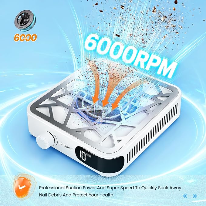 JODSONE Mini 6000RPM Cordless Nail Dust Collector with 30 Filters Low Noise 10-Speed Adjustment Rechargeable Portable for Acrylic Nail Polishing Nail Salon Professional Use