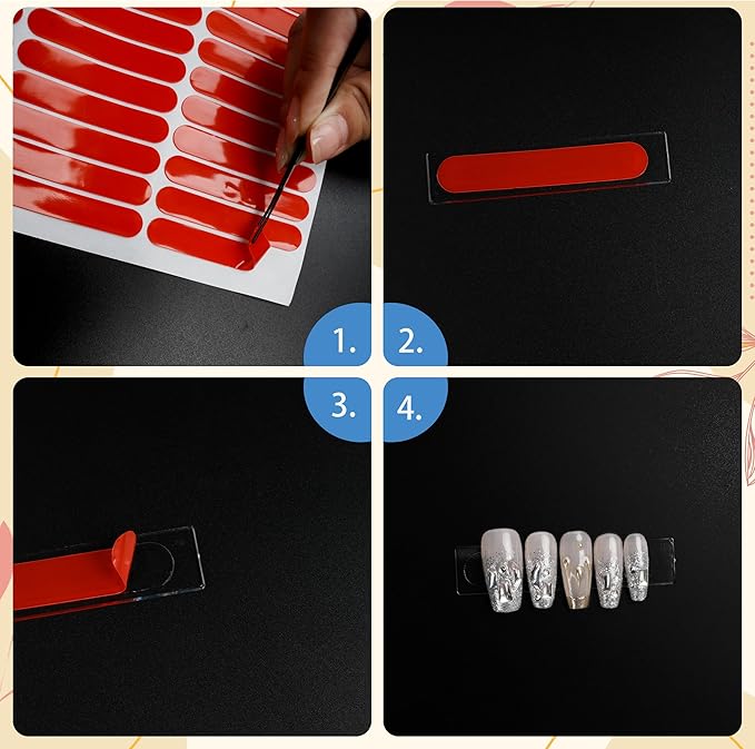 12 Sheets Double Sided Nail Tape for Press on Nails, Clear Adhesive Mounting Tapes for Nail Packaging Nail Design Salon Supplies Colors Designs Showcase (Red)