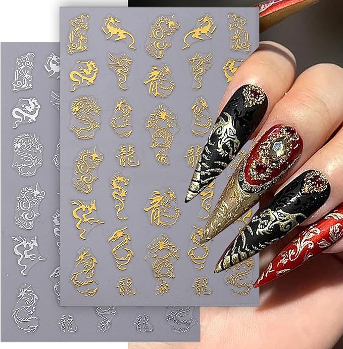 3D Gold Silver Dragon Nail Art Stickers for Designs - Bronzing Metallic Decals - Chinese Dragons Nail Supplies