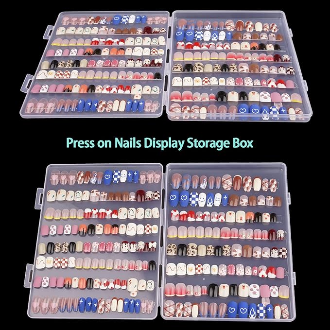 2PCS Press on Nail Organizer, Clear Press on Nail Storage Box Acrylic Nail Art Display Packaging Box Fake Nail Storage Case with Transparent Tape (Not Inlcuded Press on Nail) (8.9x6.5x0.7inch)