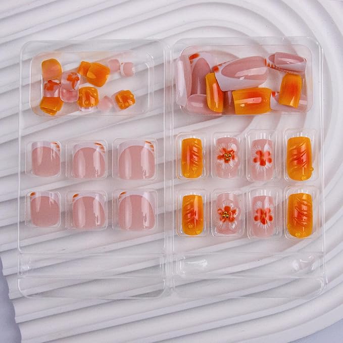 48Pcs Square Press on Nails Short & Press on Toenails Set, Yellow Flowers Fake Nails French Press on Toe Nails Full Cover Stick on Toe Nails Acrylic Nails Kit for Women Manicure