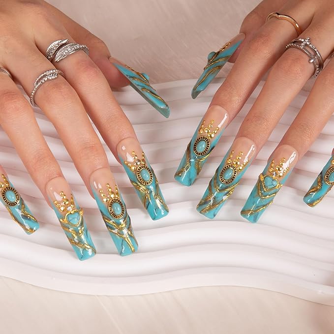 LOVFUL Press on Nails Turquoise Blue French Tip| Handmade with Full Covered Crystals| Reusable Fake Nails| Square Mid length 1.7in| H122-S