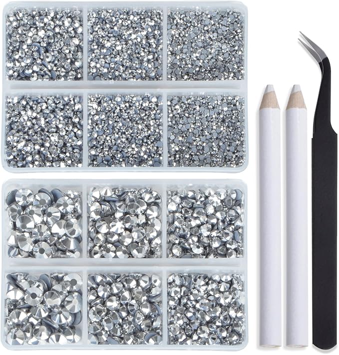 Bymitel Hotfix Crystal Rhinestones Round Gems for Crafts,Mixed 6 Sizes with Wax Pencil Kit, Labrdor 1.6-6.3mm SS4-SS30/8000pcs