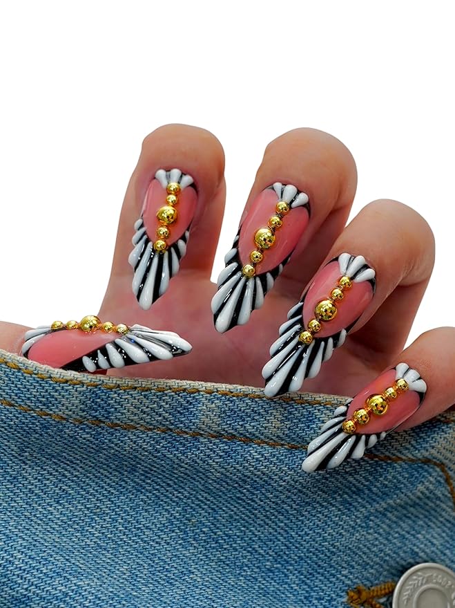 Euphrosyne Press On Nails – 10pcs Red Heart Y2K Fake Nails with Black & White Stripes and Gold Studs | Square Punk Nails for Women, Alt Girl Nail Art