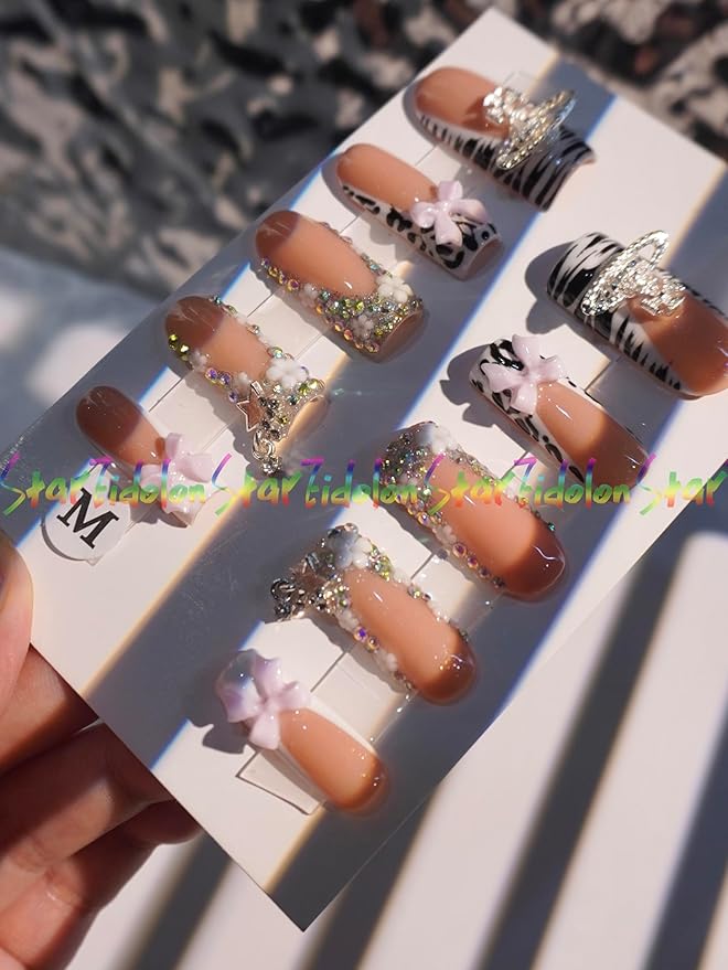 HAND-PAINTED White Press Ons Neon Small Press on Nails Long French Press on Nails Coffin Medium Short Nail art Fake Nail Art Kit with 7g Glue on Nails Handmade Almond Square Nails (TJ-3, Small)
