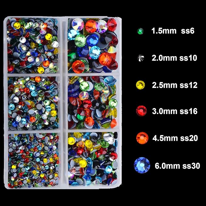 4000Pcs Mixed Size Hot Fix Round Crystals Gems Glass Stones Hotfix Flat Back Rhinestones (Multi Color)