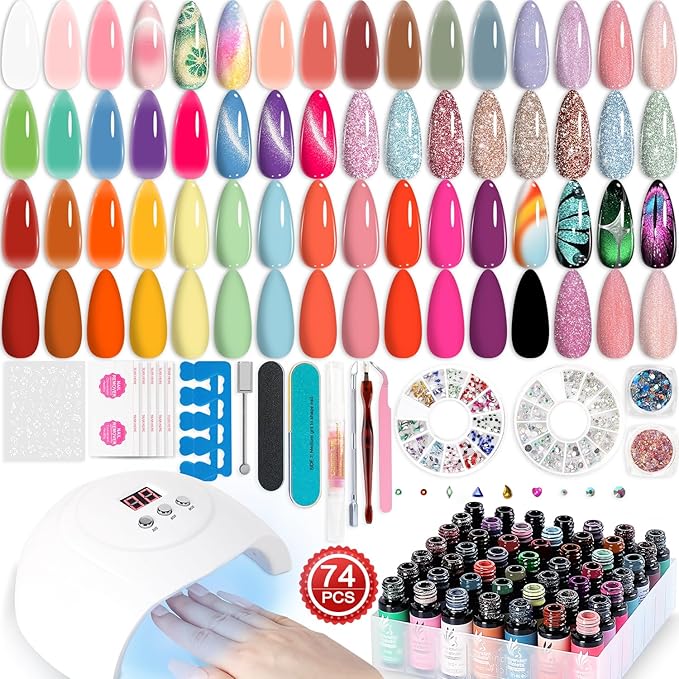 Lavender Violets 45 Colors Gel Nail Polish Kit with U V Light Nude Pinky Jelly Colors 9D Cat Eye Candy Glitter Primer Base Glossy & Matte Top Coat for Home Nail Art Design DIY Gift Set 01
