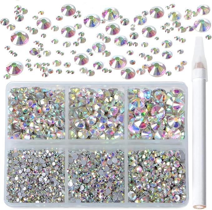 Bymitel 5000 Pieces 6 Mixed Sizes Glue Fix on Glass Rhinestones Round Crystal Gems Flatback for DIY Jewelry Making with one Picking Pen (6-Sizes 5000PCS, Crystal AB)