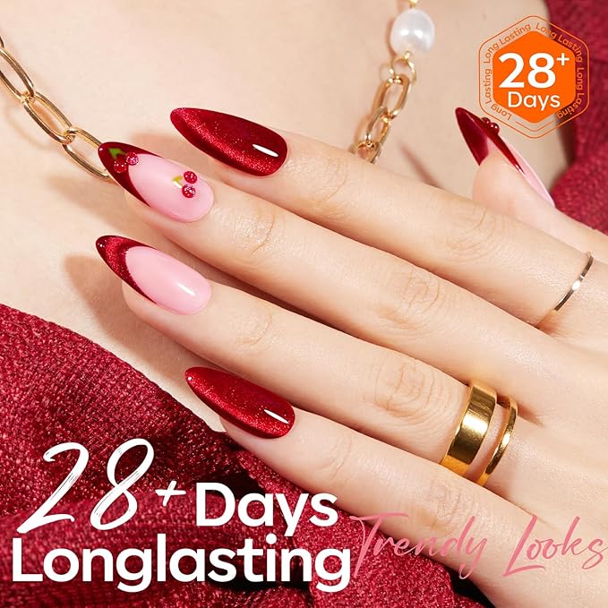 modelones Red Cat Eye Gel Polish Burgundy Red Gel Polish Magnetic Glitter Holographic Ruby Red Gel Nail Polish Valentine Reflective Jelly UV Gel 15 ML