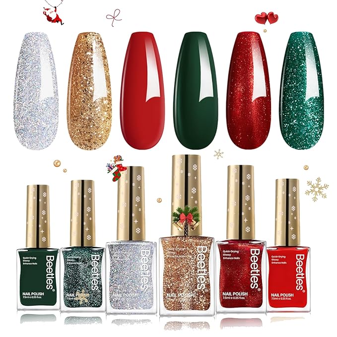 Beetles Nail Polish, 6 Colors Quick Dry Nail Polish Glossy Glitter 7.5ml /0.25 Fl Oz Red Green Gold Silver for New Year Nail Art Manicure DIY at Home Gifts for Women