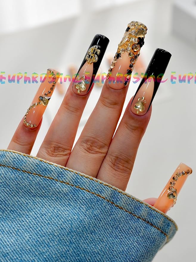 10PCS Black and Orange Press On Nails – Long Coffin Fake Nails with Rhinestones, Gold Stud Strips & Glitter Chains, Glossy Reusable Luxury Nails for Women and Girls – Euphrosyne