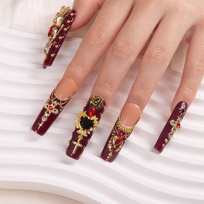 LOVFUL Press on Nails Gothic Romance| Handmade with Full Covered Crystals| Reusable Fake Nails| Square Mid length 1.7in| H333-S