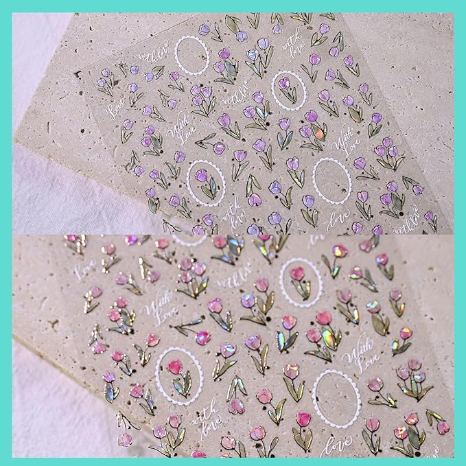 Aurora Tulip Floral Nail Art Stickers, Golden Flower Nail Decals, Self-Adhesive,Summer Spring Nail Accessories for Women, Nail Decorations 3 Sheets