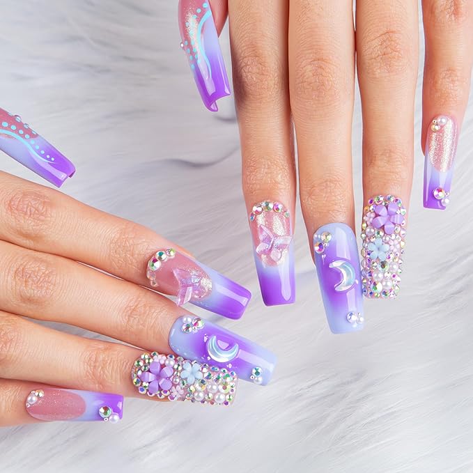 LOVFUL Short French Tip Press on Nails Lilac Stardust | Handmade Acrylic Press ons| Reusable Fake False Nails | Square Classic Regular 1.3in | H743-M