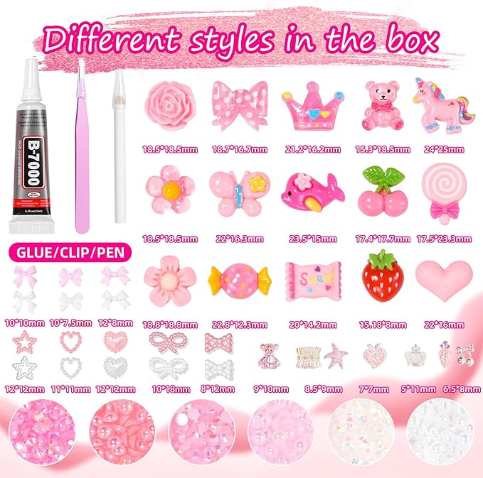 Junk Case Charms Kit, Pink White Pearls Resin Rhinestones Bedazzling Kit, Cute Candy Bear Cartoon Phone Cases Charms, Junk Case with Big Charm for Crafts Nail Art DIY Accessories