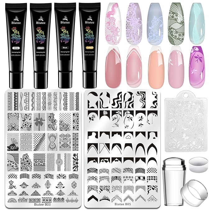 Biutee Nail Stamping Kit 2Pcs Nail Art Stamping Plates 4Pcs Stamping Gel Polish French Tip Nail Stamp Kit 110 Patterns with Silicone Stamper Scraper Large Lace Stamp Template Holiday Gift for Women