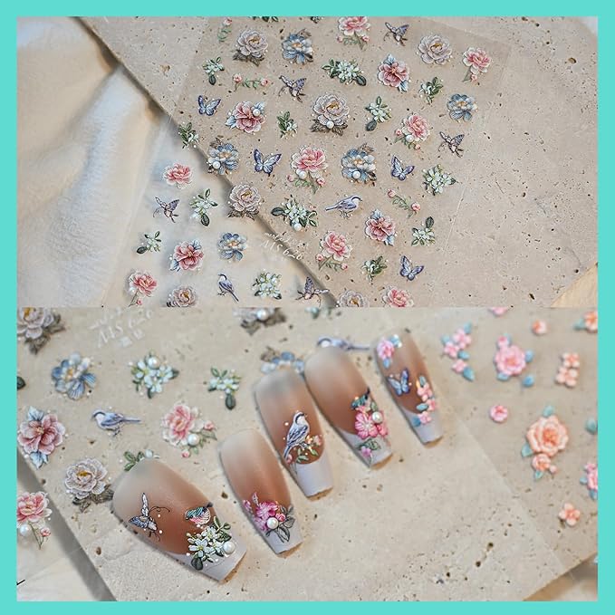Flower Rose Bird Nail Art Stickers Pearl Rhinestones Embossed Vintage Nail Decals for Nail Art Design Self-Adhesive Nail Accessories for Women Nail Art Supplies 3 Sheets