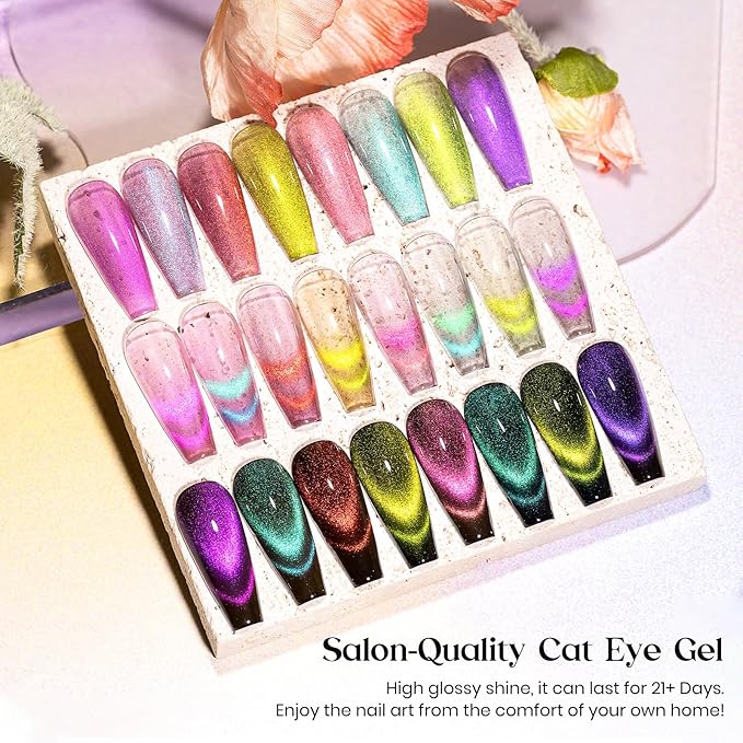 MIZHSE 9D Cat Eye Gel Nail Polish 8 Colors, Neon Collection Magnetic Gel Polish Set with Magnet Stick, Chameleon Color Shifting Cateye Nail Effect Soak Off Nail Art Manicure Home Ladies Gift