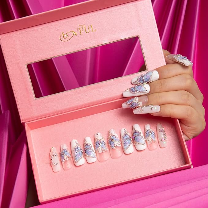 LOVFUL Press on Nails Holly Blue | Handmade with Full Covered Crystals | Reusable Fake Nails | Coffin Classic Regular 1.3 in | H23-L