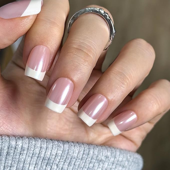 Curvlife Square French Press on Nails Medium Acrylic Fake Nails with Medium Hanley French Design Full Cover False Nails Tips for Women Reusable Nail Kit