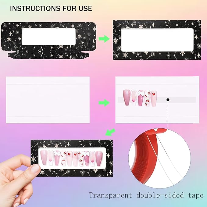 74PCS Press on Nails Packaging Box Set Includes 35PCS Empty Nail Package Box 35PCS White Background Paper 1 Double Sided Tape and 3 Thank You Stickers for Press on Nail Business (Black Sun and Moon)