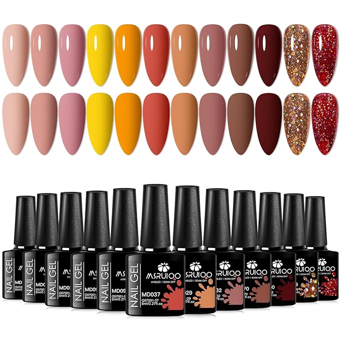 12Pcs Nude Brown Gel Nail Polish Set Caramel Gel Polish Kit Roasted Chestnuts Chocolate Glitter Gel Polish Fall Winter Nail Art Manicure Kit DIY Salon Gift