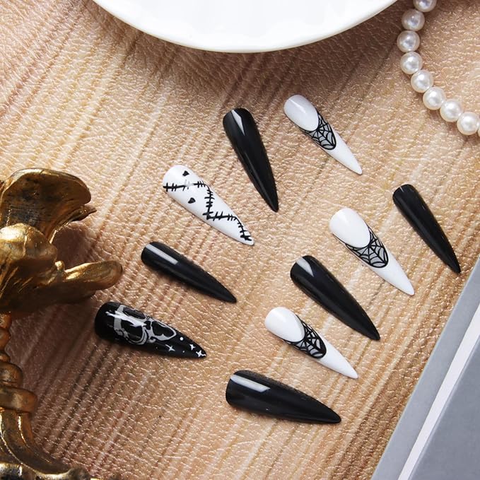 24pcs White and Black Blood Long Almond Press On Nails with Cobweb and Wound for Themed Costumes, Reusable Nail Kit with Adhesive Tabs, 12 Sizes (White and Black)