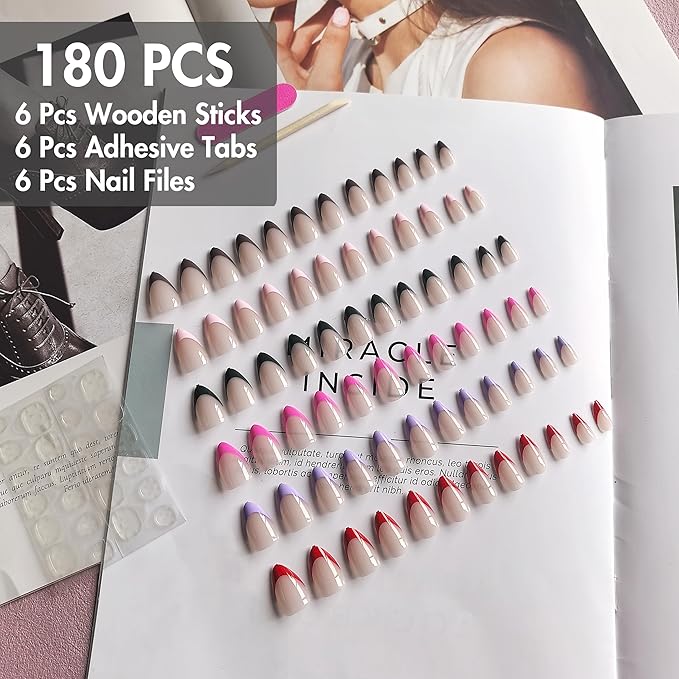 180 Pcs 6 Pack French Tip Press On Nails Short Almond, KQueenest Gel French Tip Nails Press ons, Natural Nude Fake Nails Press Ons Design, Classy Glue On Nail for Women Office Wedding Wear
