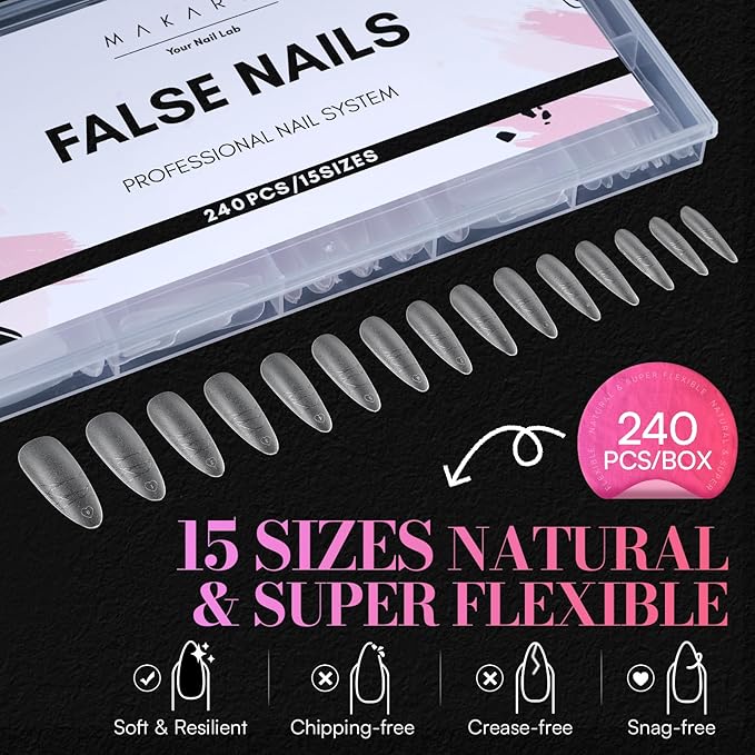 Makartt Long Almond Nail Tips: with Scales for Convenient Shape, Matte, 240 PCS, 15 Sizes, Fake Nails Stiletto - Full Cover Acrylic Press On Nail Extensions Manicure DIY Home for All Nail Beds