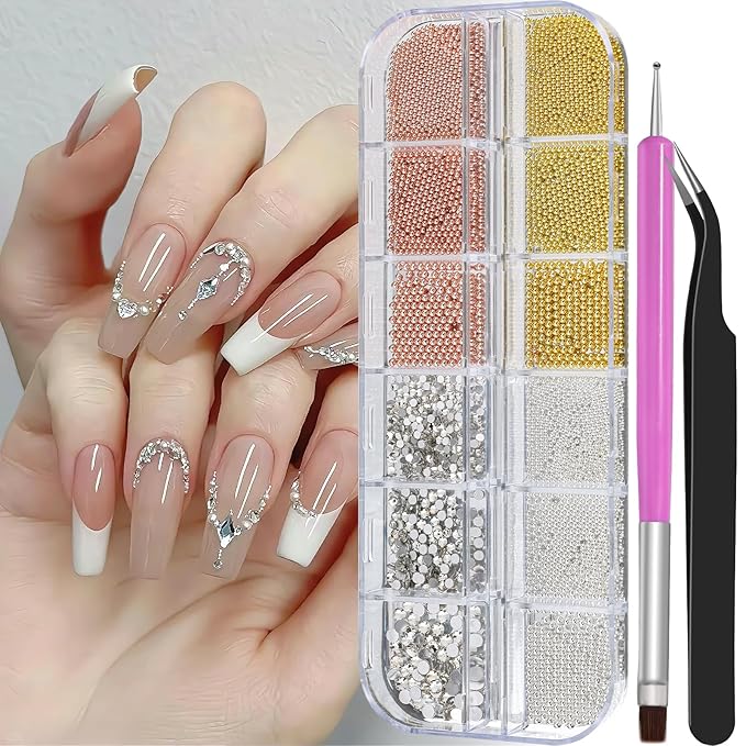 3D Mini Small Metal Stainless Steel Caviar Nail Beads Balls, 0.8-3mm Gold Silver Alloy Nail Art Chain Charms Studs with Tweezers and Dual-end Brush (4-K1-metal-beads-rhinestones)