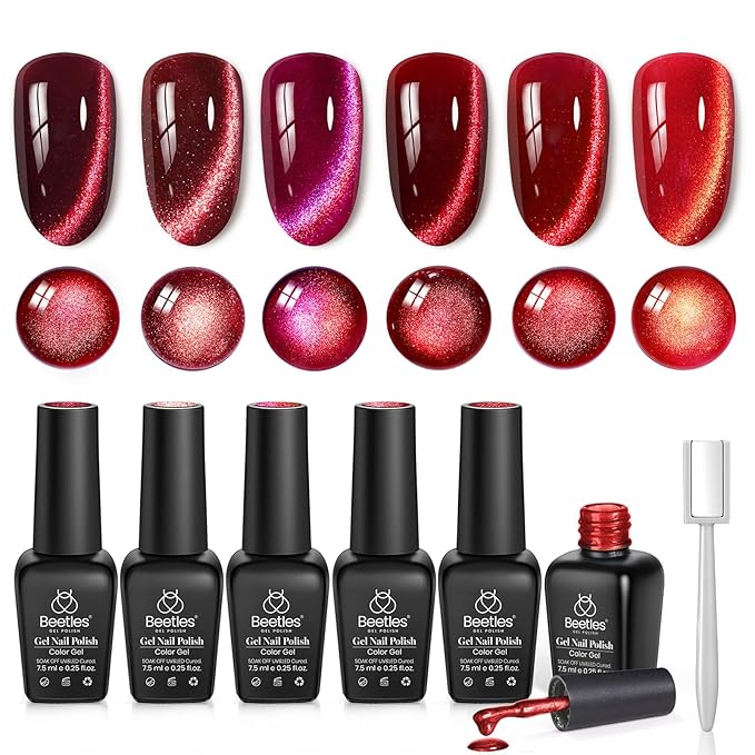 Beetles Red Cat Eye Gel Nail Polish Set - Sultry Burgundy Cat Eye Gel Polish, 6 Colors Christmas Gel Polish Kit Burgundy Dark Red Glitter Red Magnetic Soak Off UV Nail Art Manicure Gift for Women
