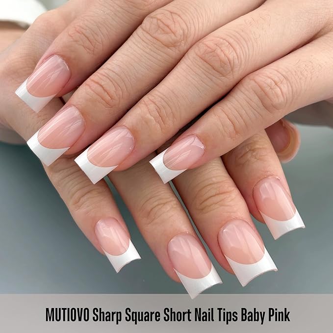 White French Tip Short Straight Square Nail Tips Press on, BABY PINK Extra Thick NEED Soft Gel Nail Extension, Need Builder gel & Top,Coat Full Cover False Nails, for DIY x 15 Sizes 150 pcs