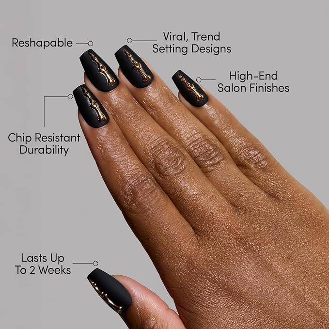 Glamnetic Press On Nails - Rosy Remains | Charcoal Gray 3D Skeleton Medium Coffin Fake Nails with Matte Finish, Salon Quality Halloween Nails | 15 Sizes - 30 Nail Kit with Glue