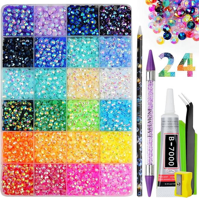 Resin Jelly Rhinestones for Bedazzling, EARLMONI Multi Colord Bedazzler Kit with 15ml B7000 Glue Rhinestone Pen Tool for Clothes Nail Art (B 24 Colors, 5MM)