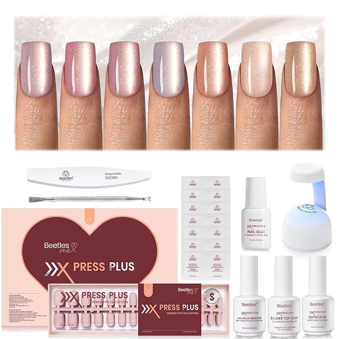 Beetles X Press Plus Gel Nails Kit - Candy Nova | 7 Colors Nude Cat Eye Press On Nails Short Square | 224Pcs 16 Sizes All-in-One Kit With Nail Glue,Remover,Builder Top Coat,Nail Lamp Gift