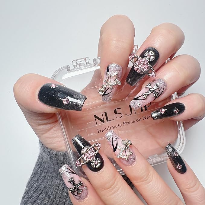Handmade Press on Nails,Strong Thick Sturdy Cat Eye Star Luxury rhinestone Punk Design Fake Nails Kit, Reusable Cute Nails 10 Pcs, Size M,#105